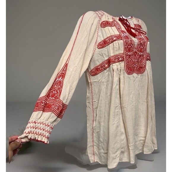 Free People Womens Wind Willow Embroidered Mini Dress Cream Red Boho (Small) - Picture 4 of 7